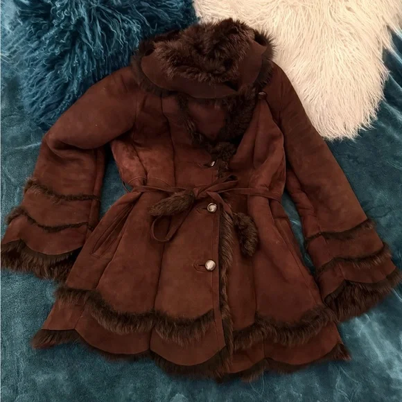 RARE Vintage Suede Shearling HEAVY COAT super warm made in USA Fit & Flare sz L - Picture 17 of 17